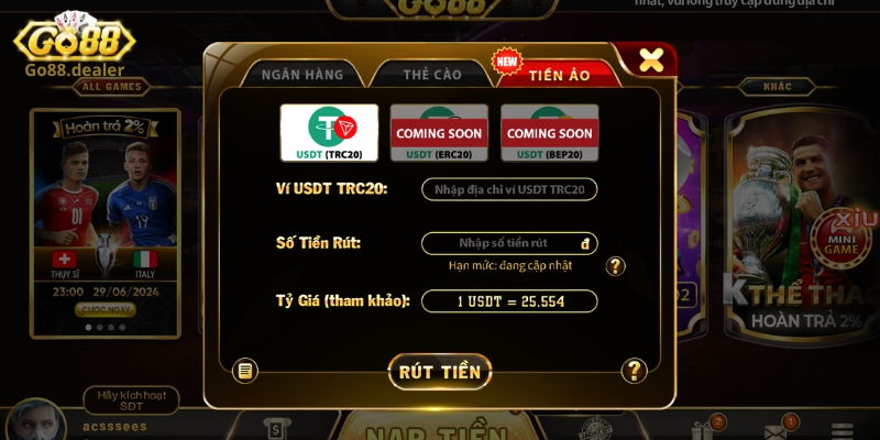 Các bước rút tiền Go88 thông qua cổng tiền ảo mới nhất 